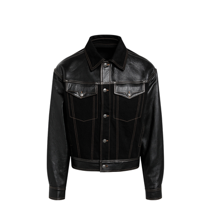 Black Denim and Leather Bomber Jacket - Image 1