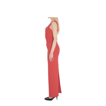 Red Sleeveless Design V-Neckline Fitted Bodice Maxi Length Straight Skirt - Image 3