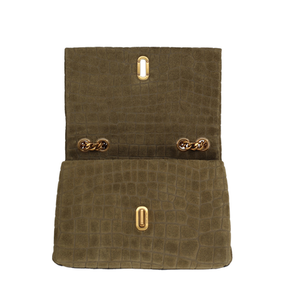 Slim Croc Suede Dual Chain Shoulder Bag - Olive Green - Image 3
