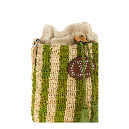 Small Striped Raffia Bucket Bag - Beige/Green - Image 2