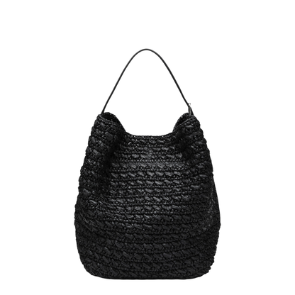 Tote Bag with Belt Details in Raffia, Black - Image 2