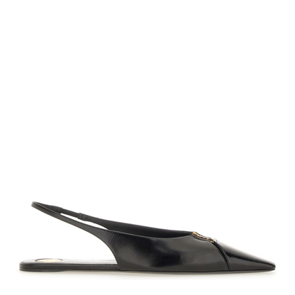 Black Leather Pointed Toe Slingback Strap Flat Sole - Image 1