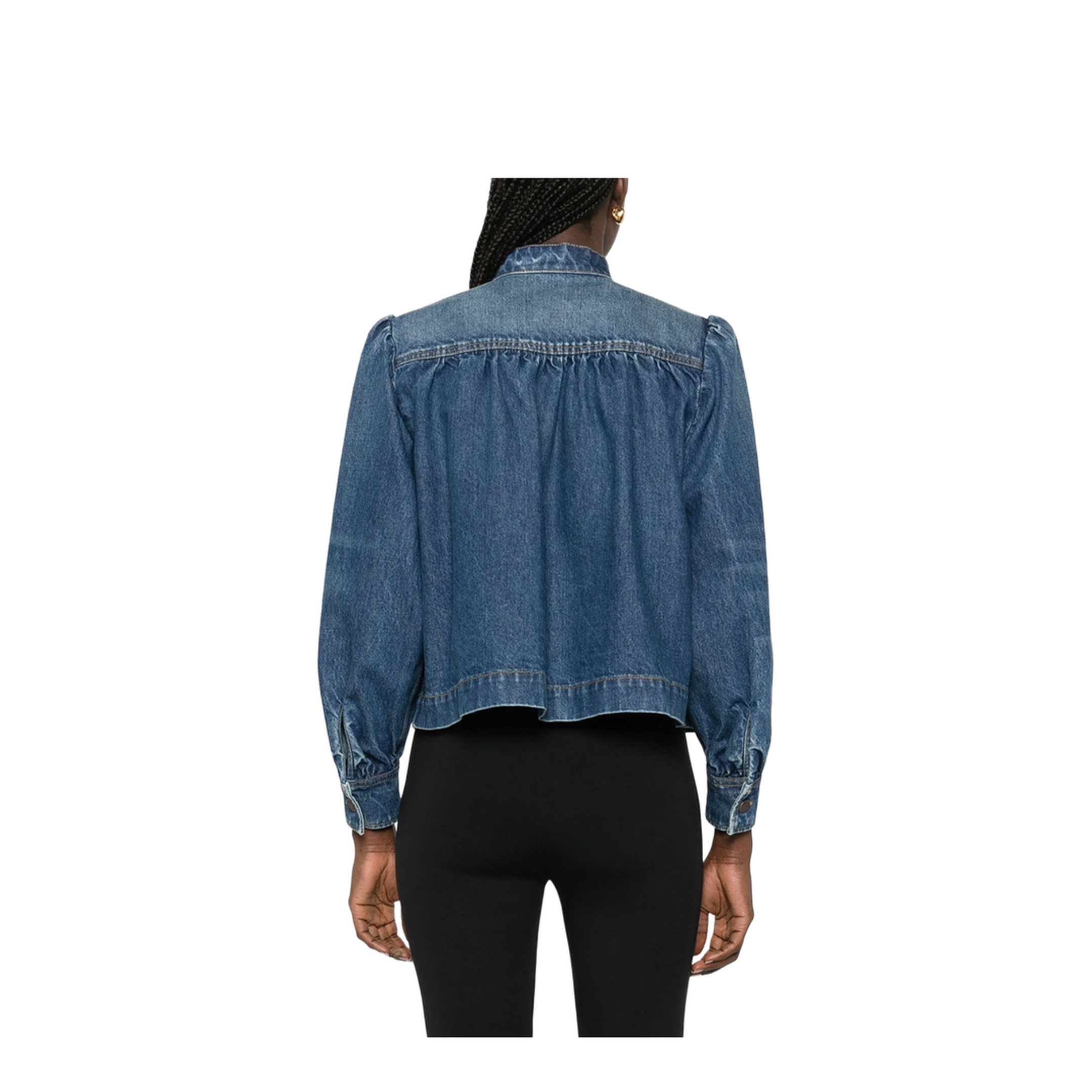 High-Neck Gathered Denim Jacket - Image 3