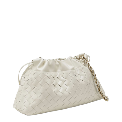 Off-White Leather Woven Design Drawstring Closure Chain-Link Shoulder Strap Gold-Tone Hardware - Image 1