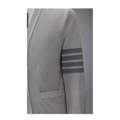 GARMENT DYE CARDIGAN STITCH V NECK CARDIGAN IN COTTON W/ TONAL 4 BAR STRIPE - Image 4