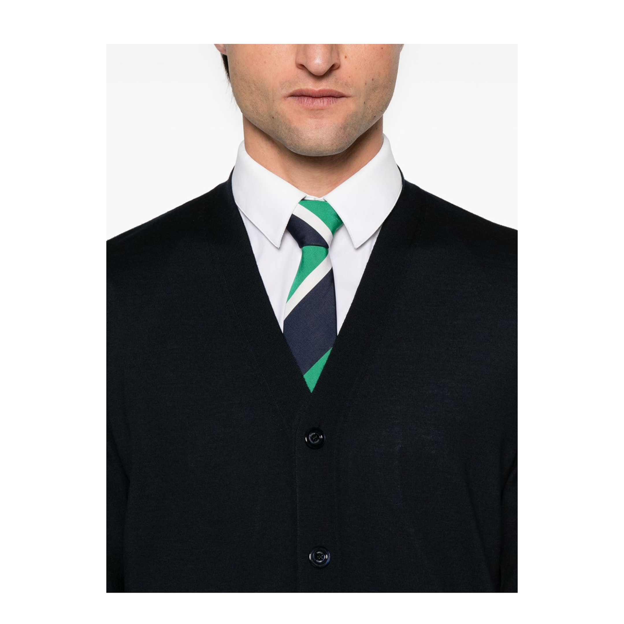 Wool Knit Cardigan with Web in Dark Blue - Image 4