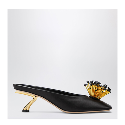 Black Mules with Sculptural Heel and Crystal Flower - Image 1
