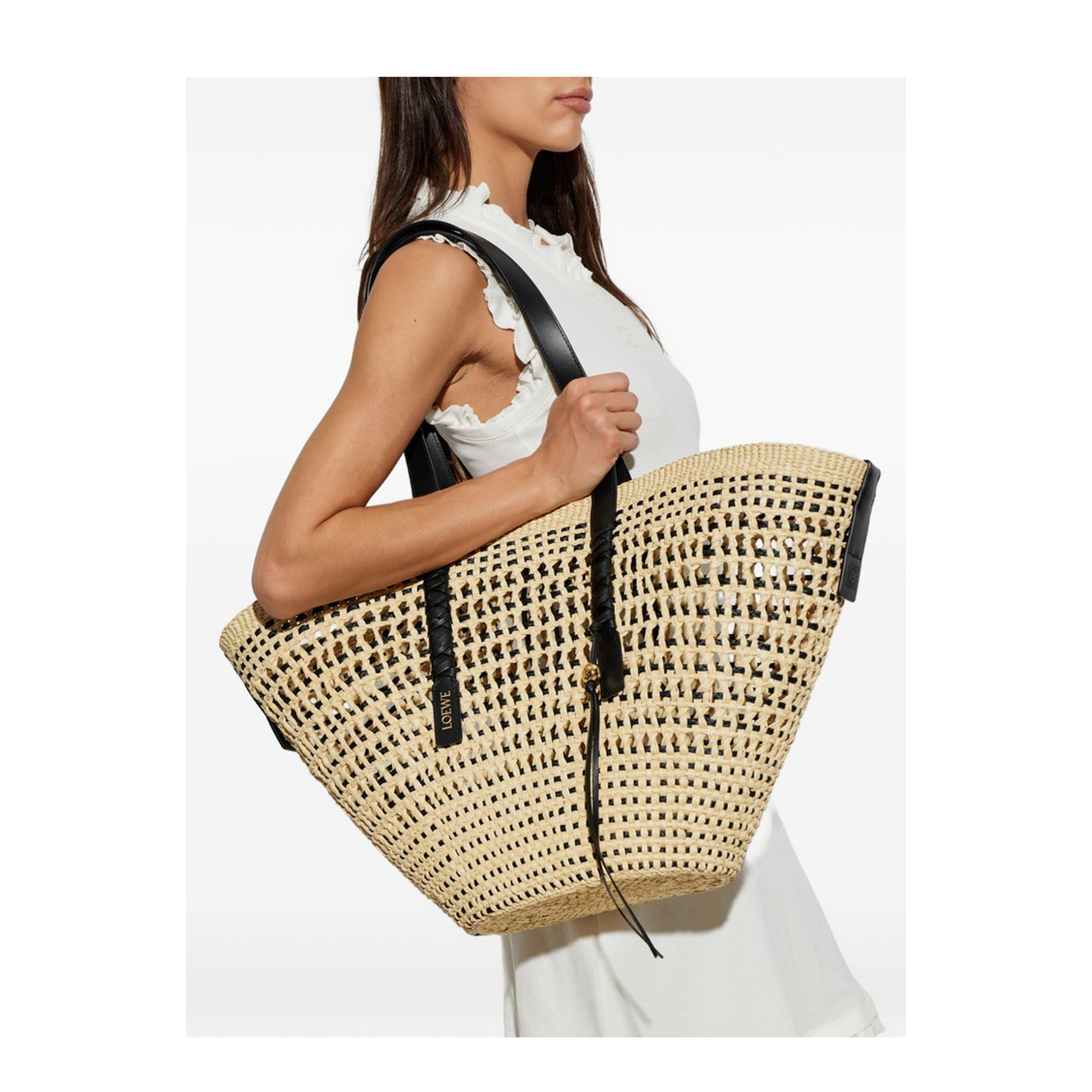 Paula's Ibiza Large Iraca Palm and Calfskin Basket - Natural/Black - Image 3
