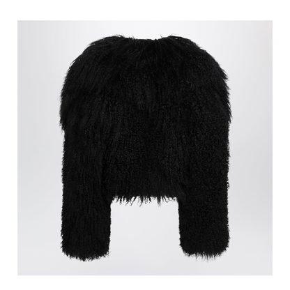 Cropped Bomber Jacket in Black Curly Shearling - Image 2