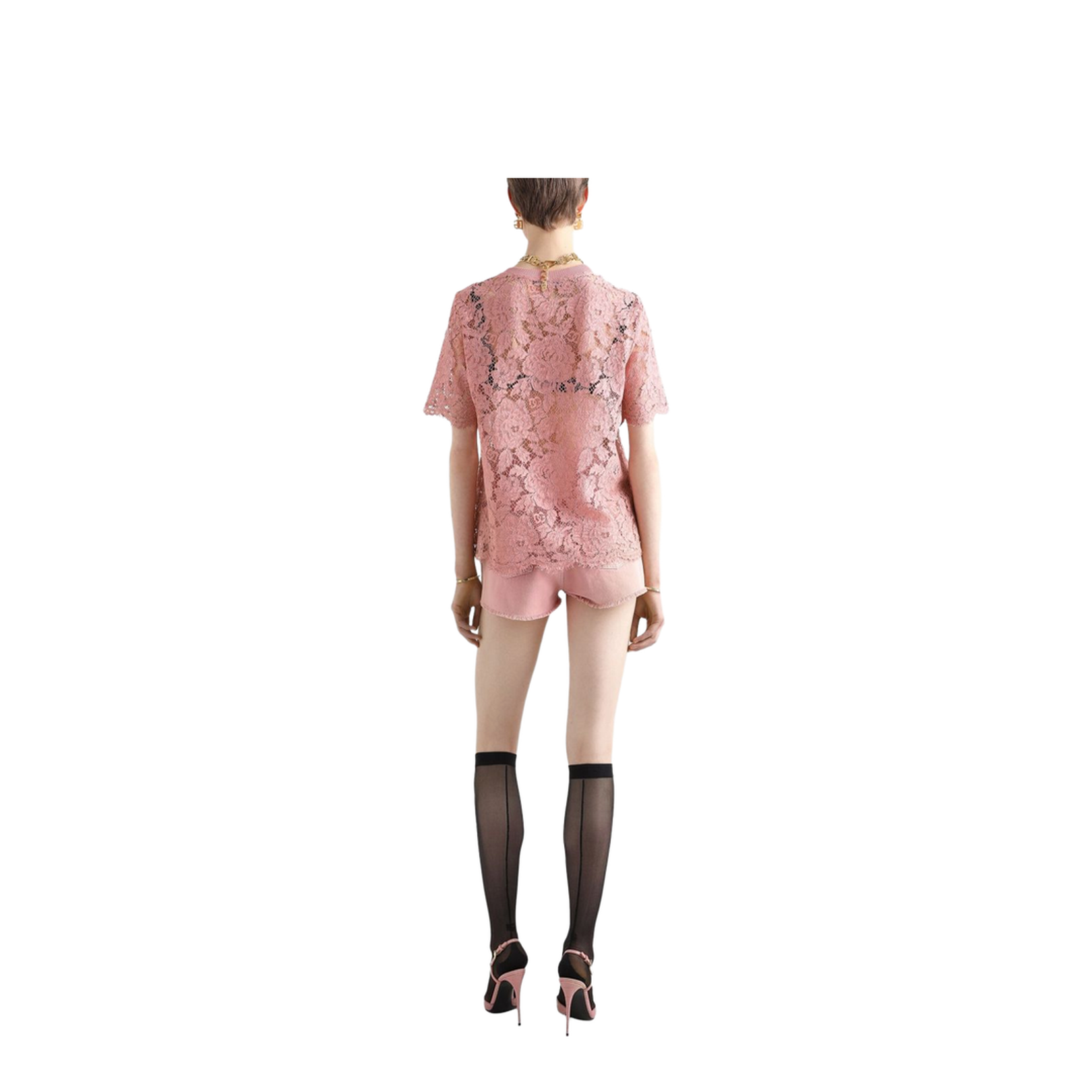 Short-sleeved Cordonetto Lace T-shirt in Pink - Image 2