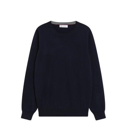Navy Blue Cashmere Crewneck Sweater with Contrast Trim - Image 1