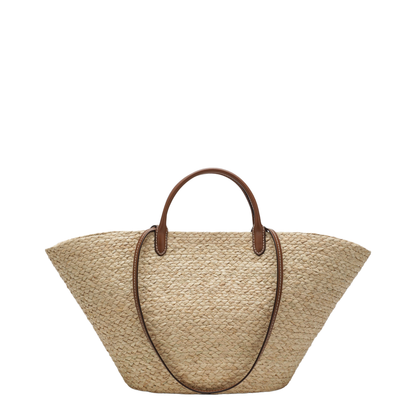 Large Beige Cognac Raffia And Leather Shopping Bag - Image 2