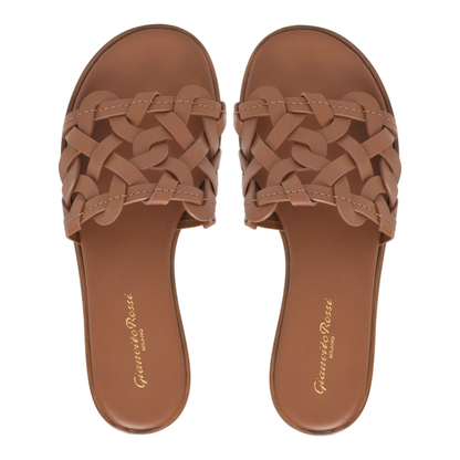 Chocolate Brown Calf Leather Stacked Heel Crossover Strap Round Open Toe - Image 3