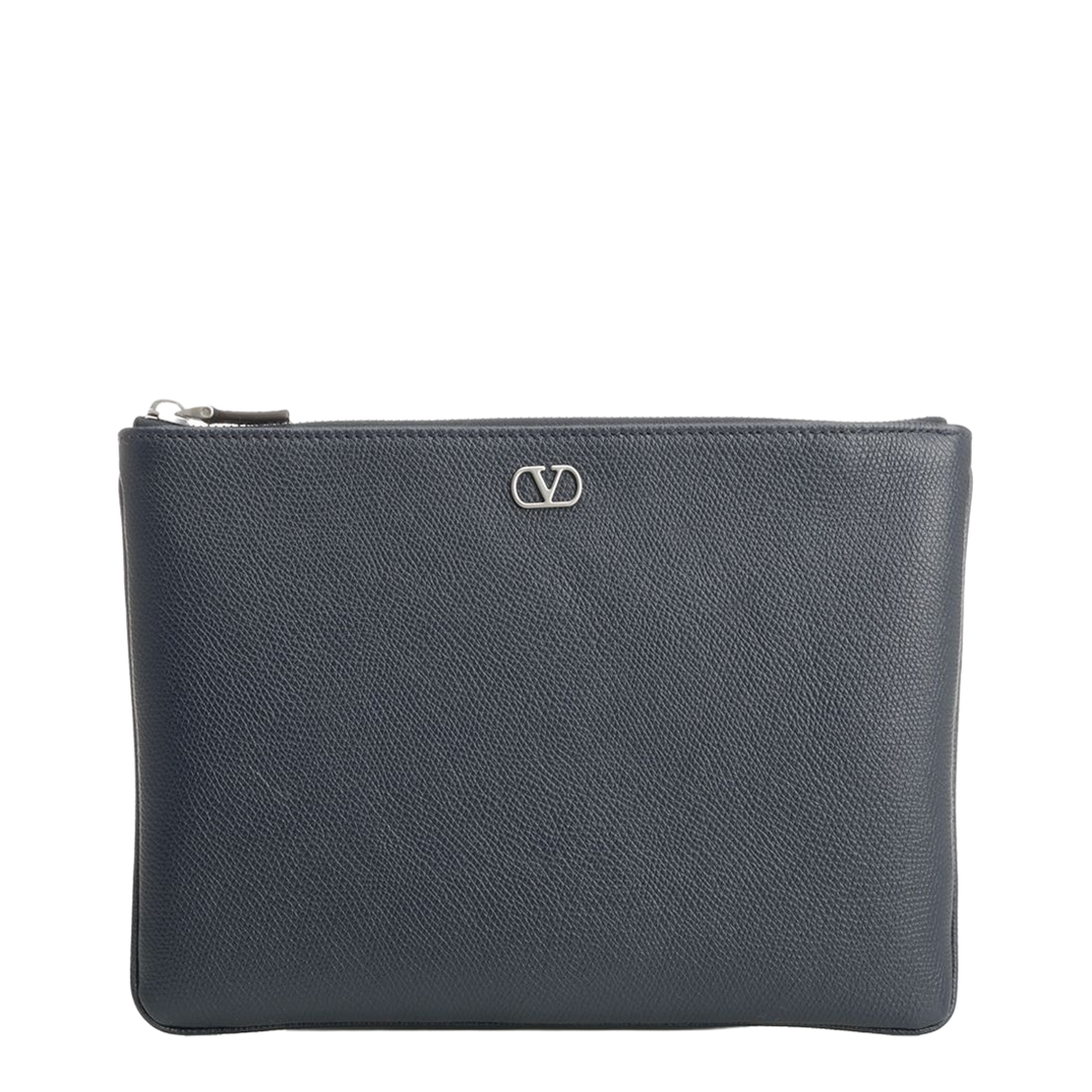 VLogo Signature Medium Grained Calfskin Pouch - Navy - Image 1