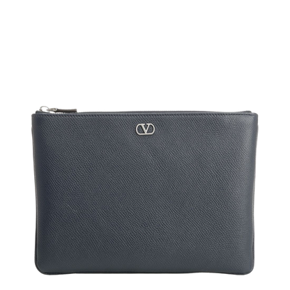 VLogo Signature Medium Grained Calfskin Pouch - Navy - Image 1