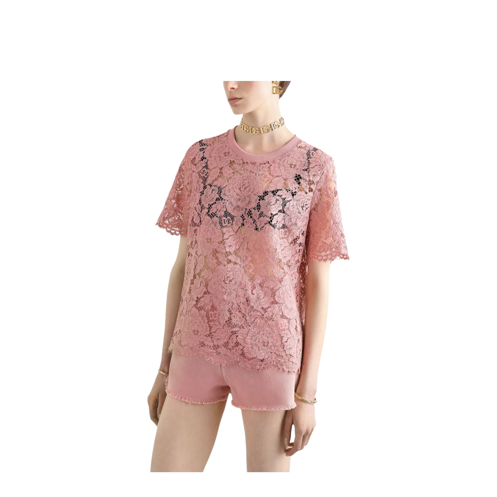 Short-sleeved Cordonetto Lace T-shirt in Pink - Image 4