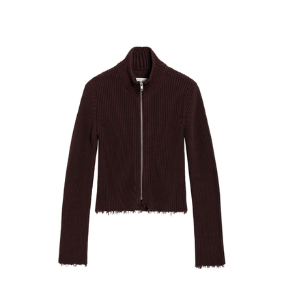 Chocolate Rib-Knit Zip Cardigan - Image 1
