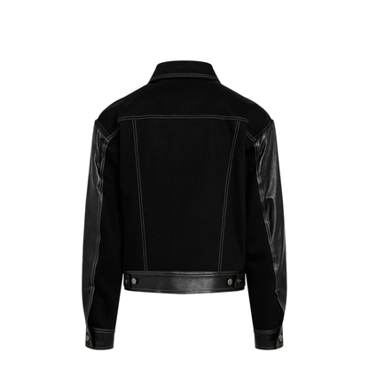 Black Denim and Leather Bomber Jacket - Image 2