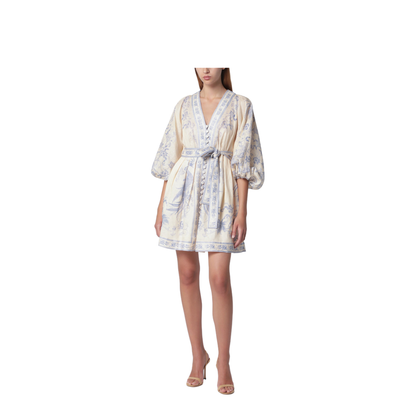 Indra Plunge Dress in Cream Lilac Linen - Image 1