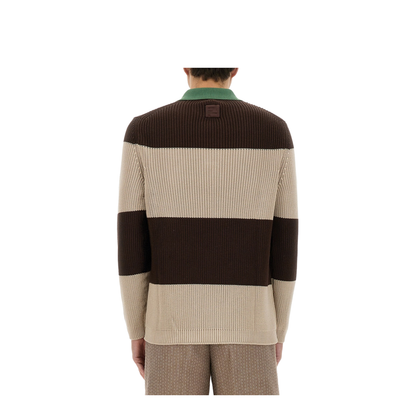 Knitted Cotton Polo Shirt with Brown and Beige Stripes - Image 3