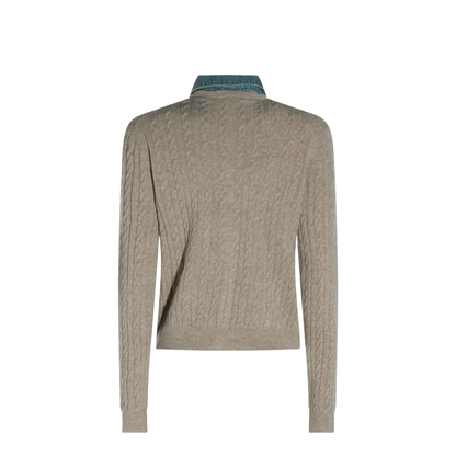 Denim-Collar Cable-Knit Cashmere Cardigan - Image 2
