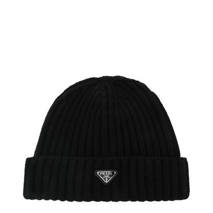 Black Virgin Wool Beanie with Enamelled Triangle Logo - Image 1