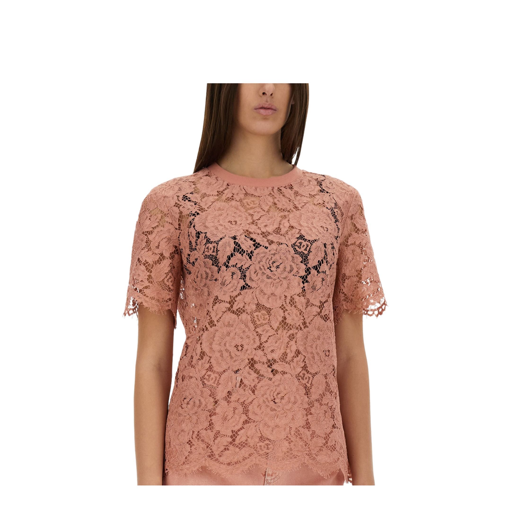Short-sleeved Cordonetto Lace T-shirt in Pink - Image 4