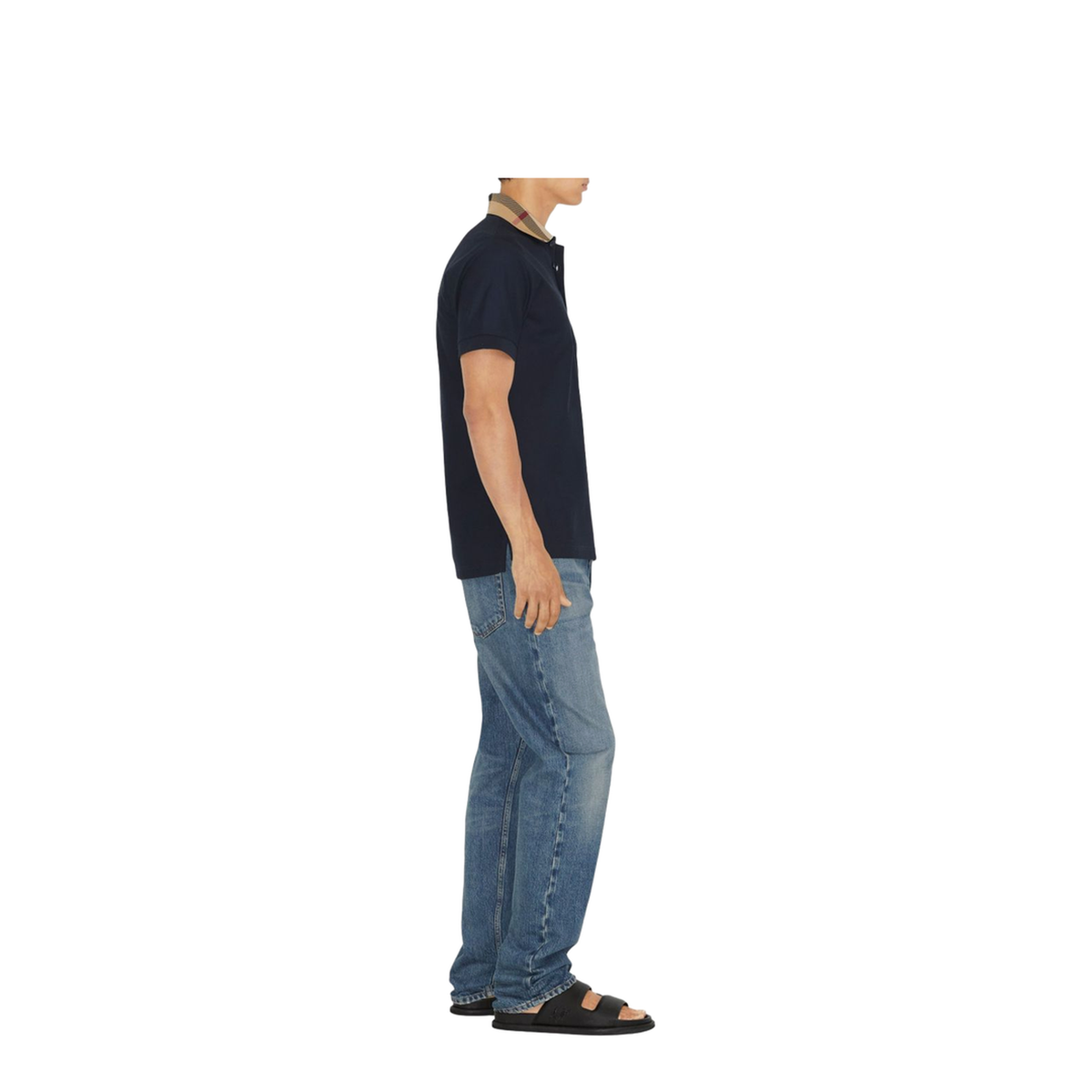 Check Collar Cotton Polo Shirt - Blue - Image 4