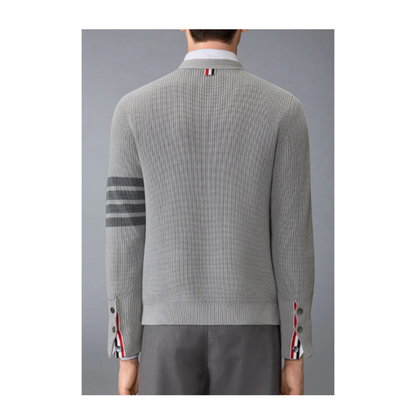 GARMENT DYE CARDIGAN STITCH V NECK CARDIGAN IN COTTON W/ TONAL 4 BAR STRIPE - Image 3