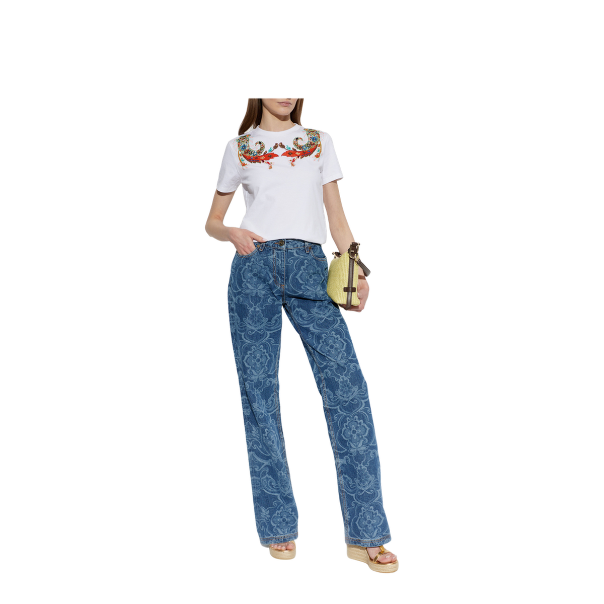 Jacquard Denim Jeans With Ornamental Pattern - Image 4