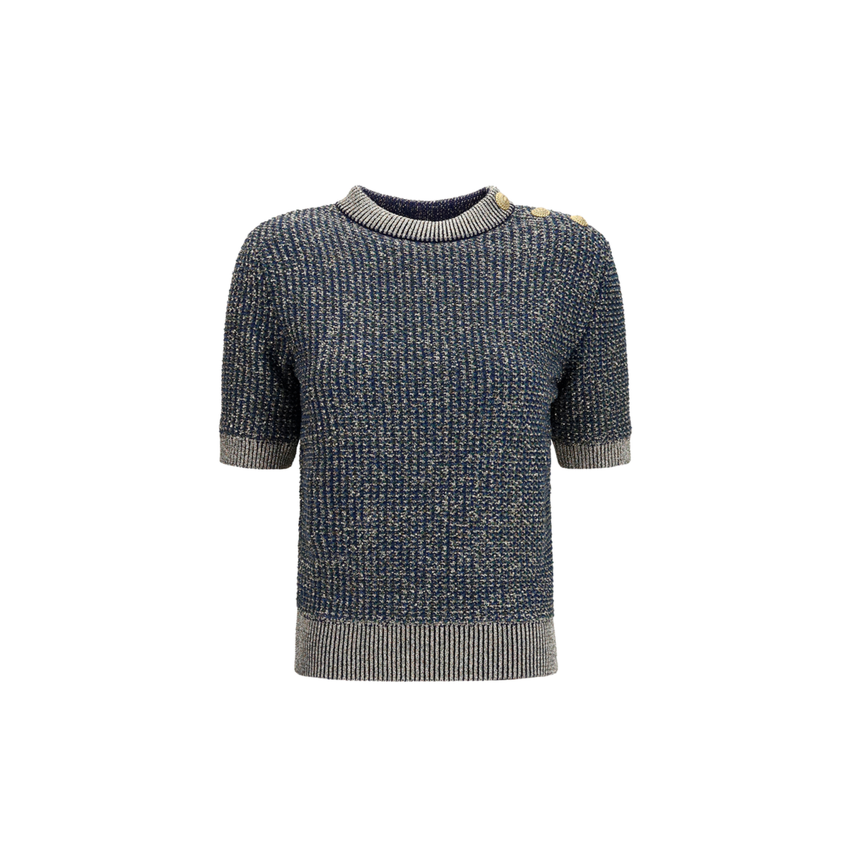 Short Sleeve Sequined Sweater With Buttons - Image 1