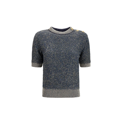 Short Sleeve Sequined Sweater With Buttons - Image 1