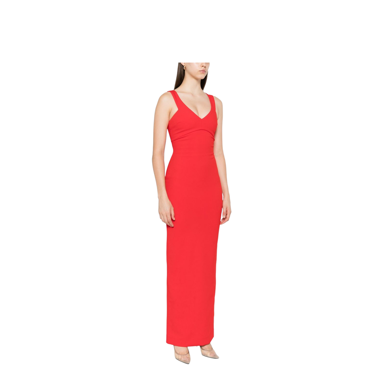 Red Sleeveless Design V-Neckline Fitted Bodice Maxi Length Straight Skirt - Image 2