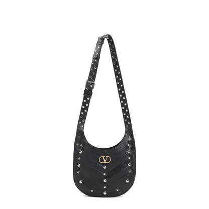 Hoboho Nappa Leather Hobo Bag With Chevron Pattern And Studs Black - Image 3