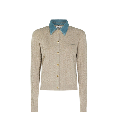 Denim-Collar Cable-Knit Cashmere Cardigan - Image 1