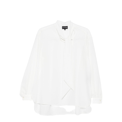 White Long Sleeves Neck Tie Buttoned Cuffs Asymmetric Hem - Image 1