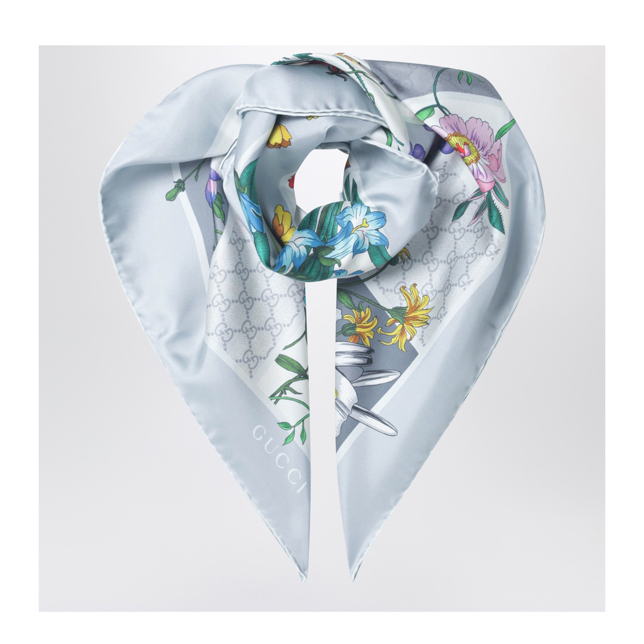 Printed Silk Twill Carré in Light Grey and Multicolour - Image 1