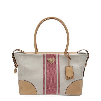 Large Shopping Bag in Canvas and Natural/Red Leather - Image 1