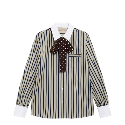 Striped Cotton Shirt with Scarf in Beige and Blue - Image 1
