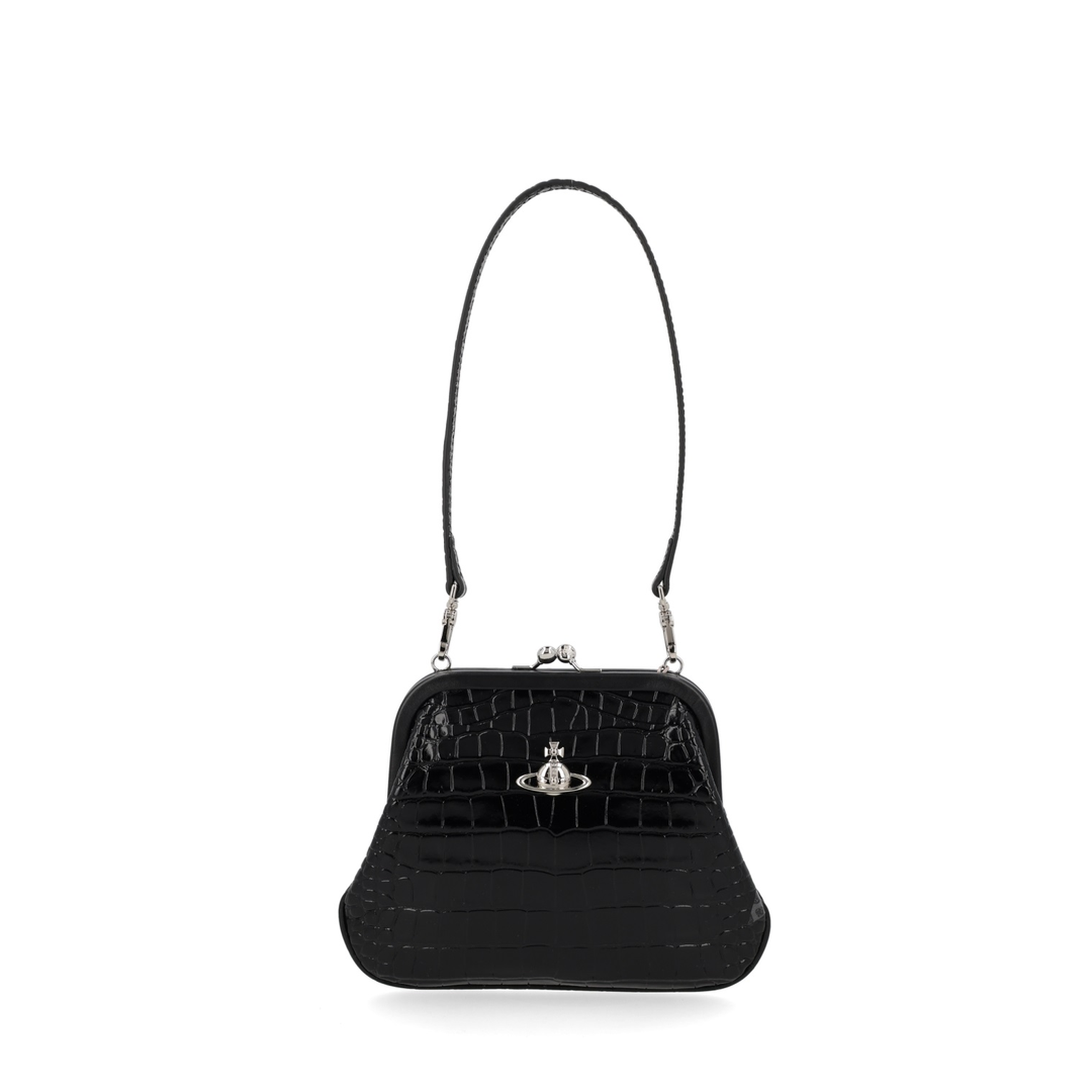 Medium Croc-Embossed Calfskin Shoulder Bag - Black - Image 1