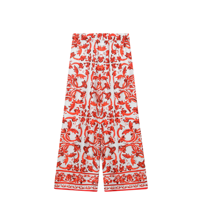 Wide-leg Maiolica-Print Silk Pants in Orange - Image 2