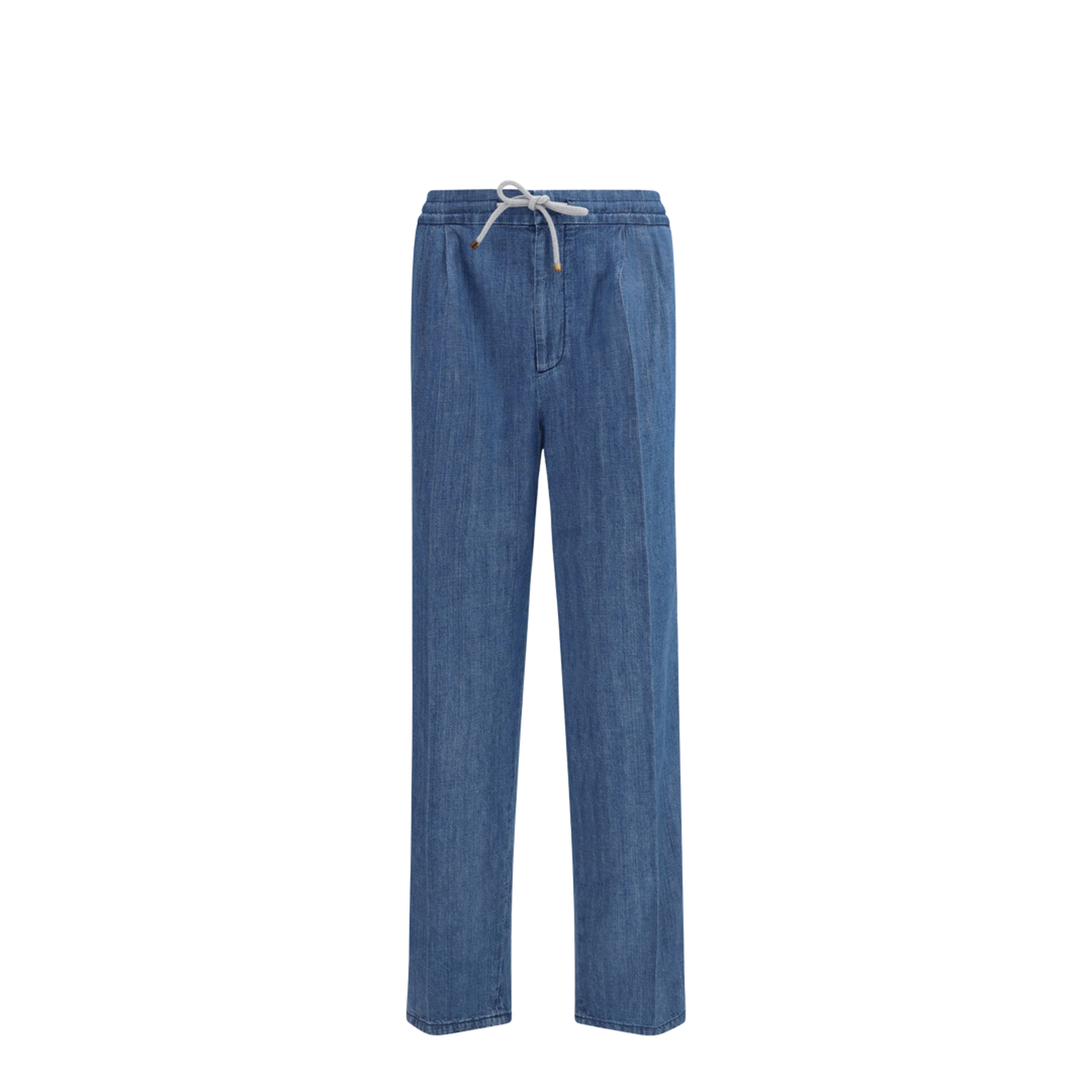 Lightweight Denim Pants with Drawstring and Double Pleats - Image 1