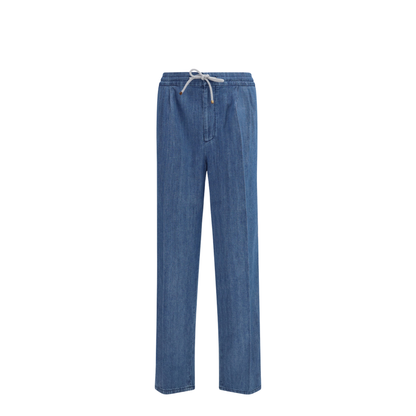 Lightweight Denim Pants with Drawstring and Double Pleats - Image 1