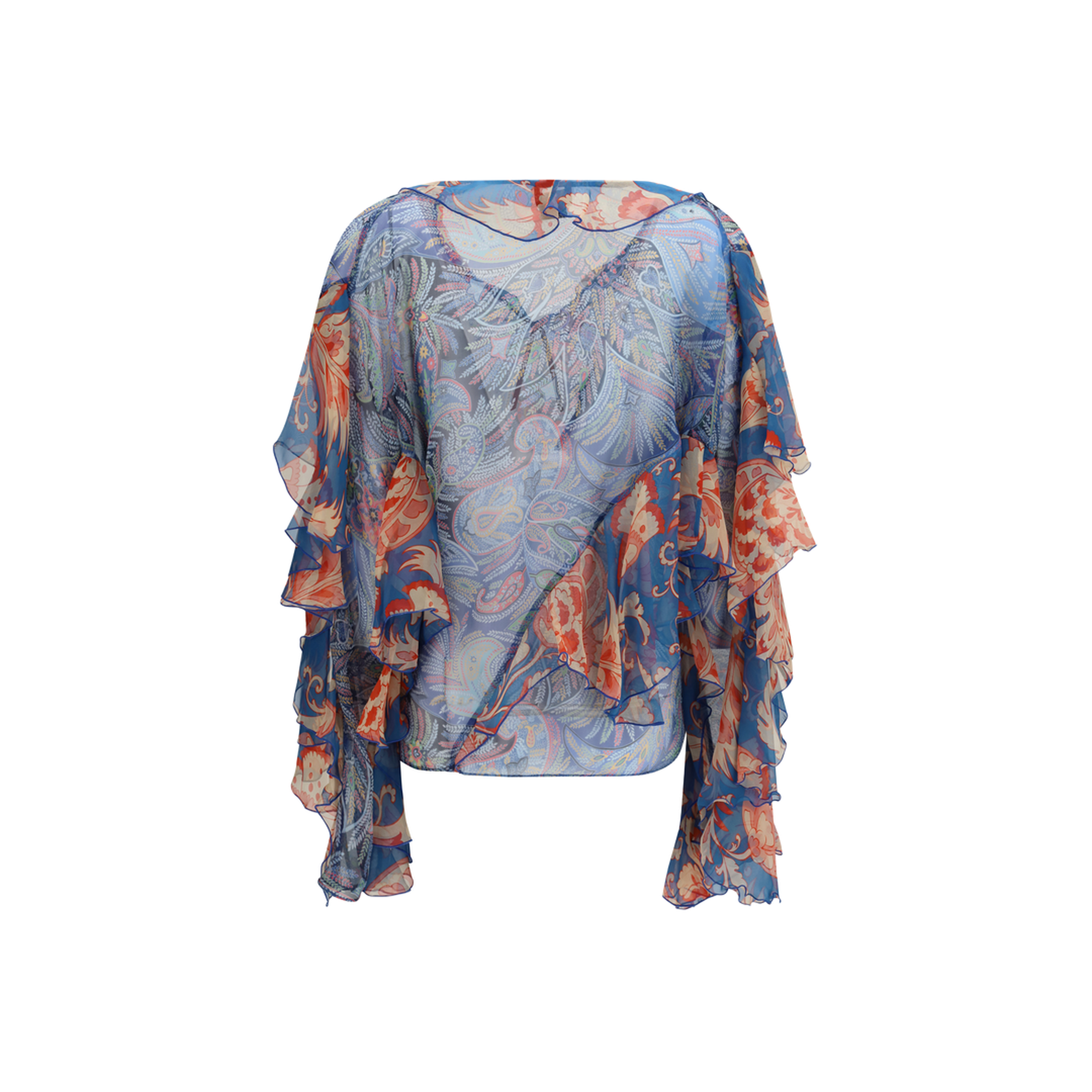 Long-sleeve Silk Shirt with Ruffles and Floral Motif - Image 2
