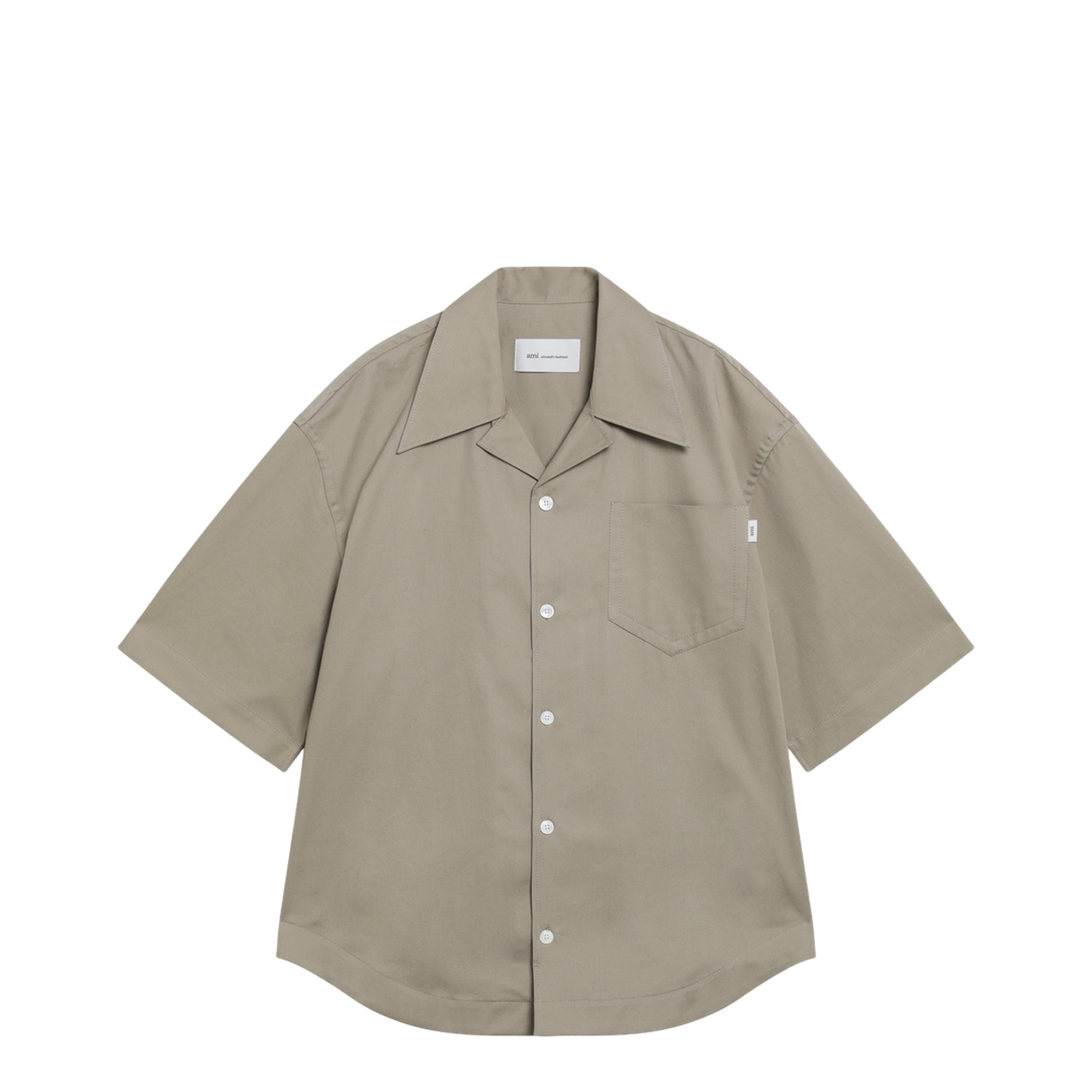 Beige Cotton Short Sleeve Camp Collar Wide Shirt - Image 1