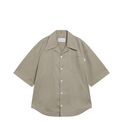 Beige Cotton Short Sleeve Camp Collar Wide Shirt - Image 1