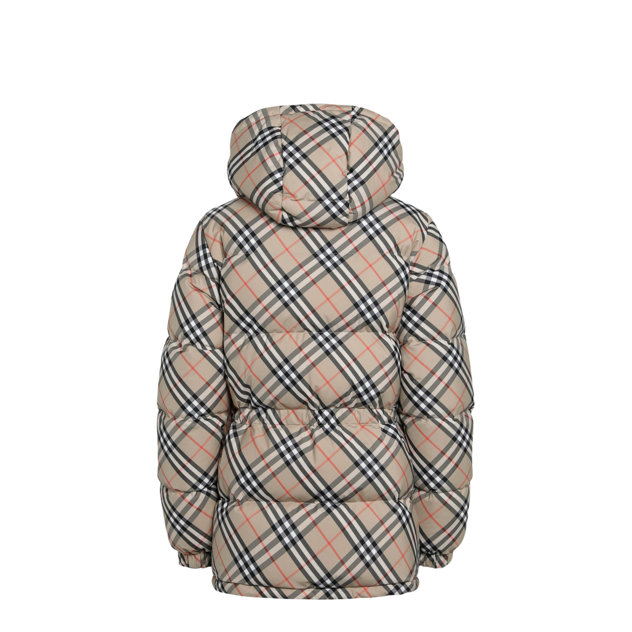 Hooded Check Nylon Puffer Jacket in Sand - Image 2