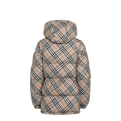 Hooded Check Nylon Puffer Jacket in Sand - Image 2