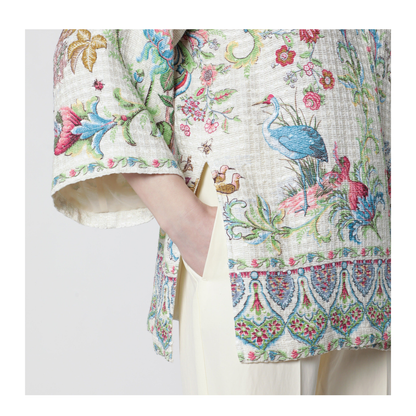 Cotton-Blend Basketweave Kesa with Flora and Fauna Motif - Image 2