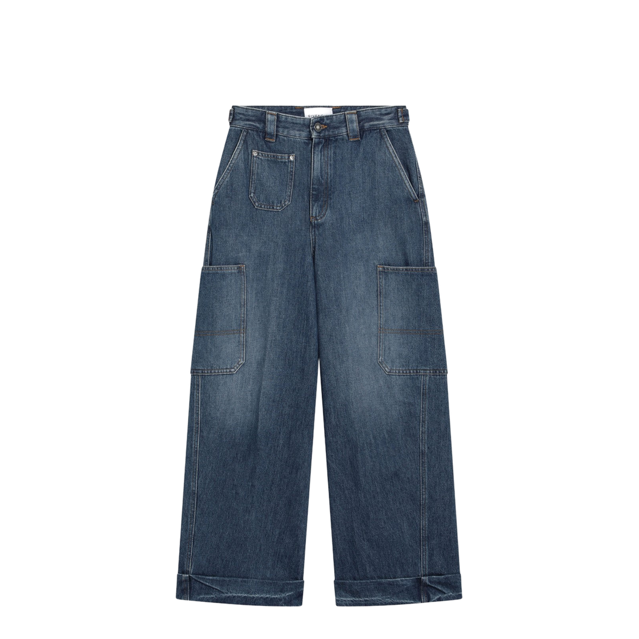 Cropped Cocoon Cargo Jeans in Medium Blue - Image 1